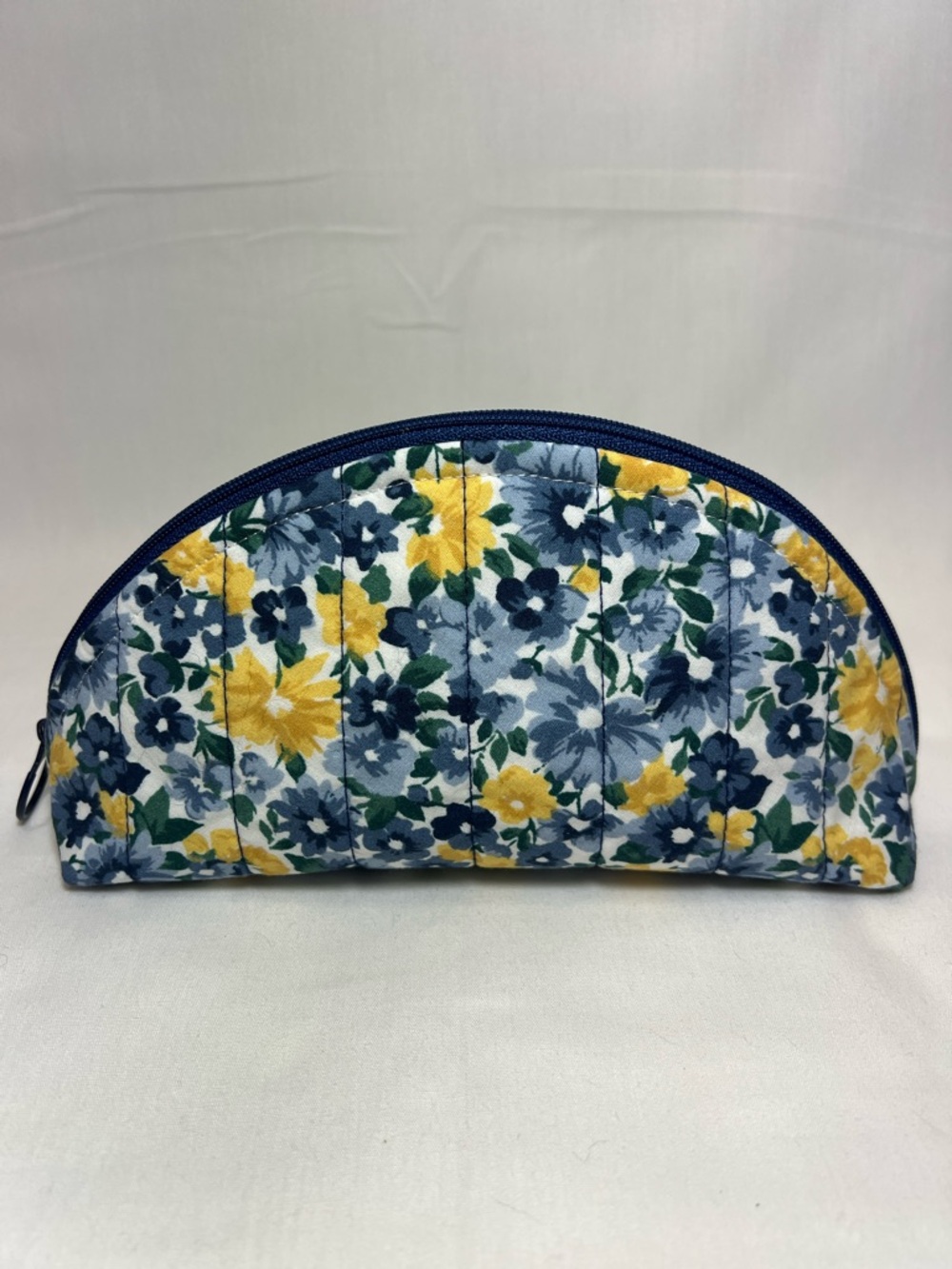 Handmade Quilted Floral Half-Moon Cosmetic Pouch - Blue & Yellow